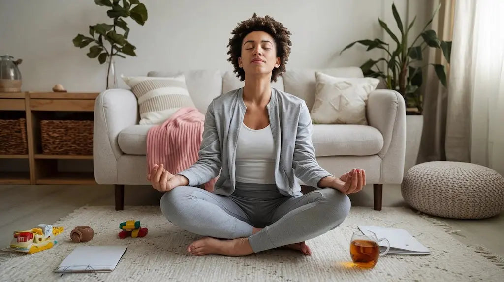 Maman méditant avec sérénité et répétant 10 phrases positives pour gérer le stress