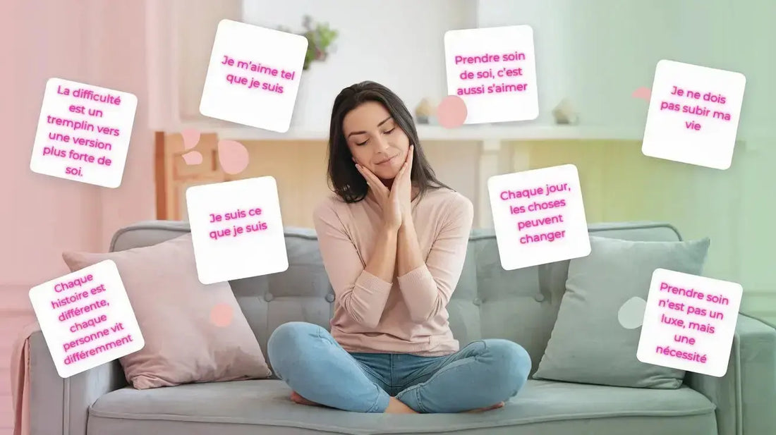 Femme méditant entourée de citations positives et motivantes pour aider à gérer le stress quotidien et retrouver la sérénité.