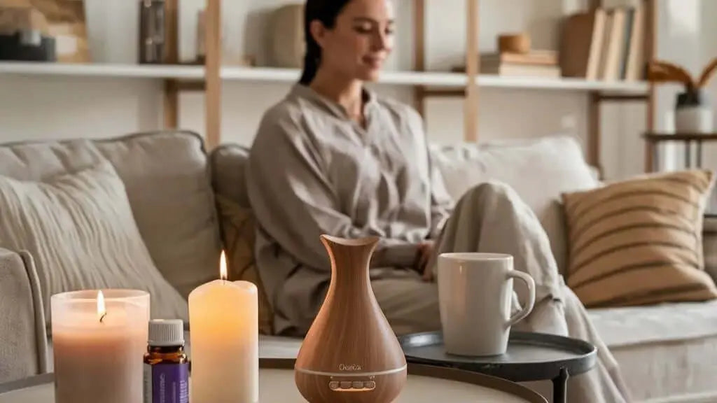Maman profitant d'un moment de détente avec des bougies et des huiles essentielles dans un salon cosy.