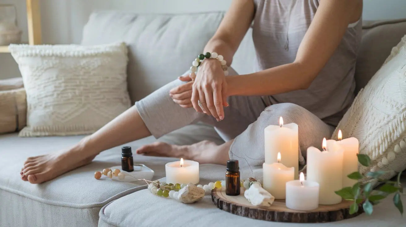 Une maman assise sur un canapé, entourée de bougies allumées, huiles essentielles et bracelets en pierres naturelles, dans une ambiance apaisante et relaxante.