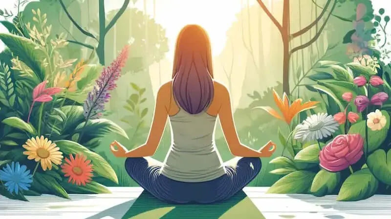 Femme méditant en plein air, assise en tailleur sur un tapis de yoga, entourée de verdure et de fleurs, avec une lumière douce filtrant à travers les arbres, symbolisant le lâcher prise et la confiance en soi.