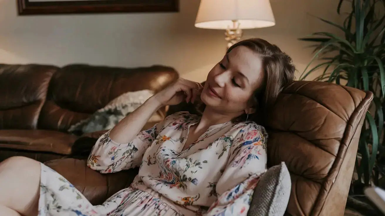 Femme détendue sur un canapé, pratiquant la respiration carrée pour réduire le stress.