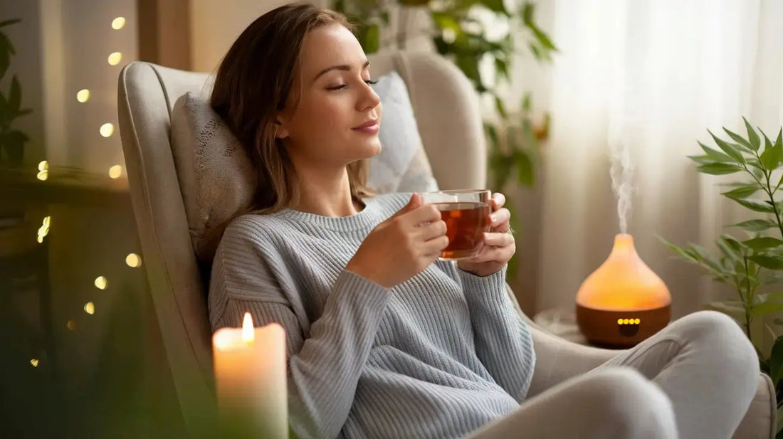 Une maman détendue pratiquant une relaxation guidée anti-stress dans un fauteuil confortable, entourée d'éléments bien-être comme une bougie et un diffuseur d'huiles essentielles.