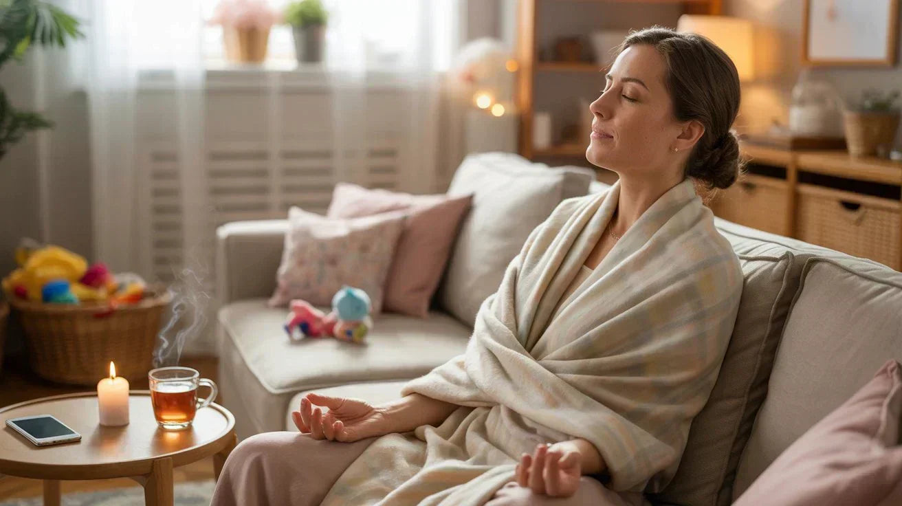 Femme allongée sur un canapé, en train d’écouter une méditation lâcher prise 10 minutes le soir, dans un moment calme