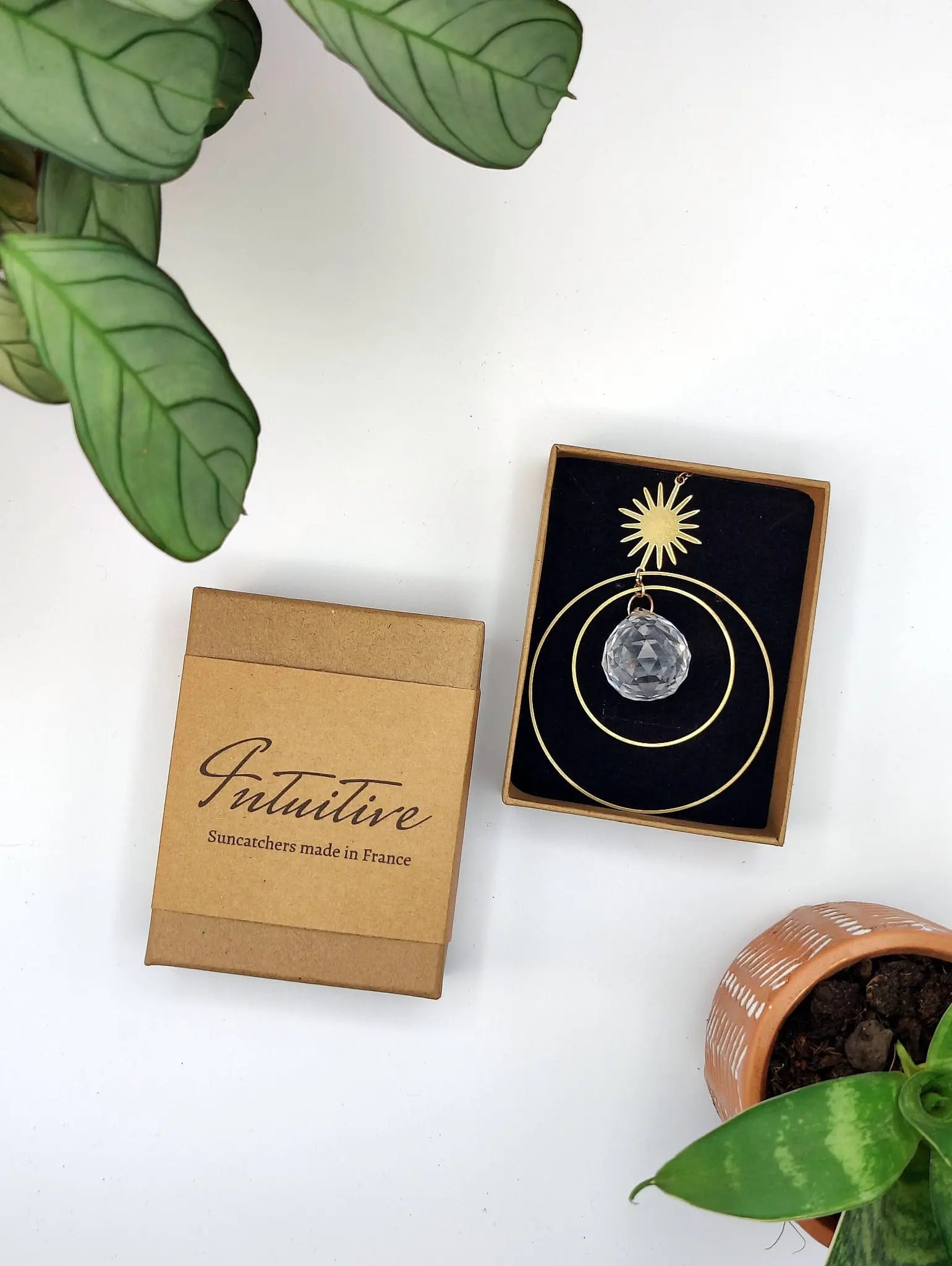 Attrape-soleil Attrape-soleil étoile avec cristal de verre, anneaux en laiton et connecteur étoile, emballé dans une boîte, exposé à côté d'une plante en pot.