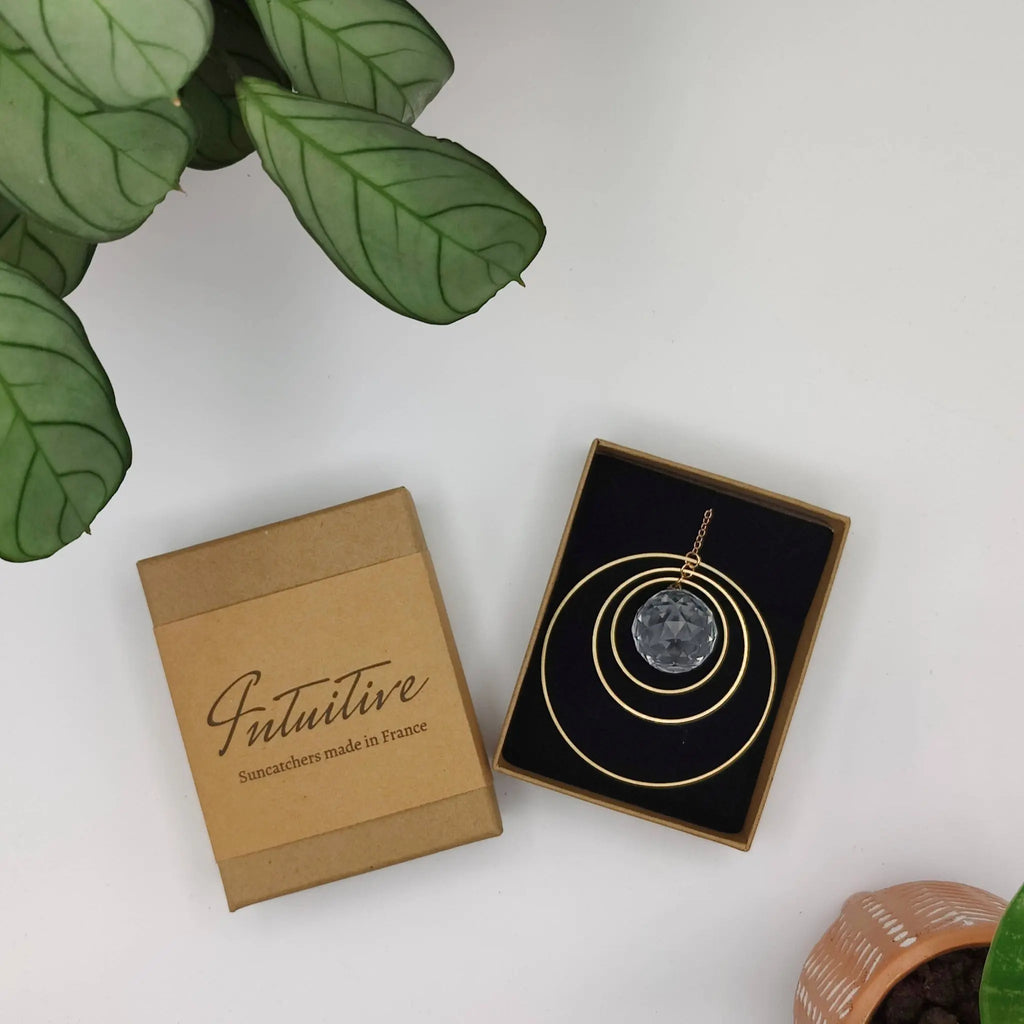 Attrape-soleil Galaxy en laiton avec cristal, présenté dans un emballage élégant sur un fond de plantes.