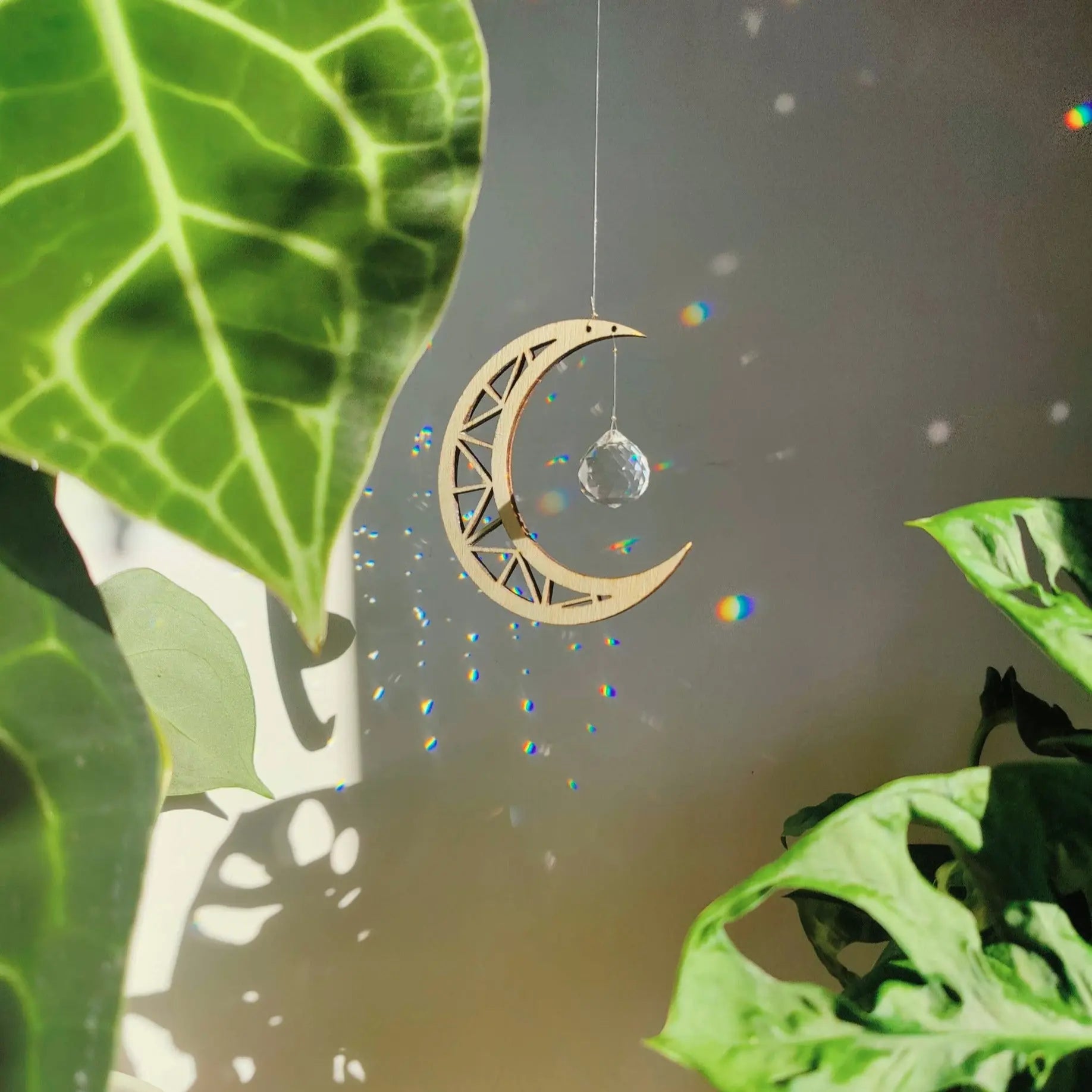 Attrape-soleil Lune suspendu avec prisme en verre projetant des reflets multicolores au soleil, entouré de feuillage vert.