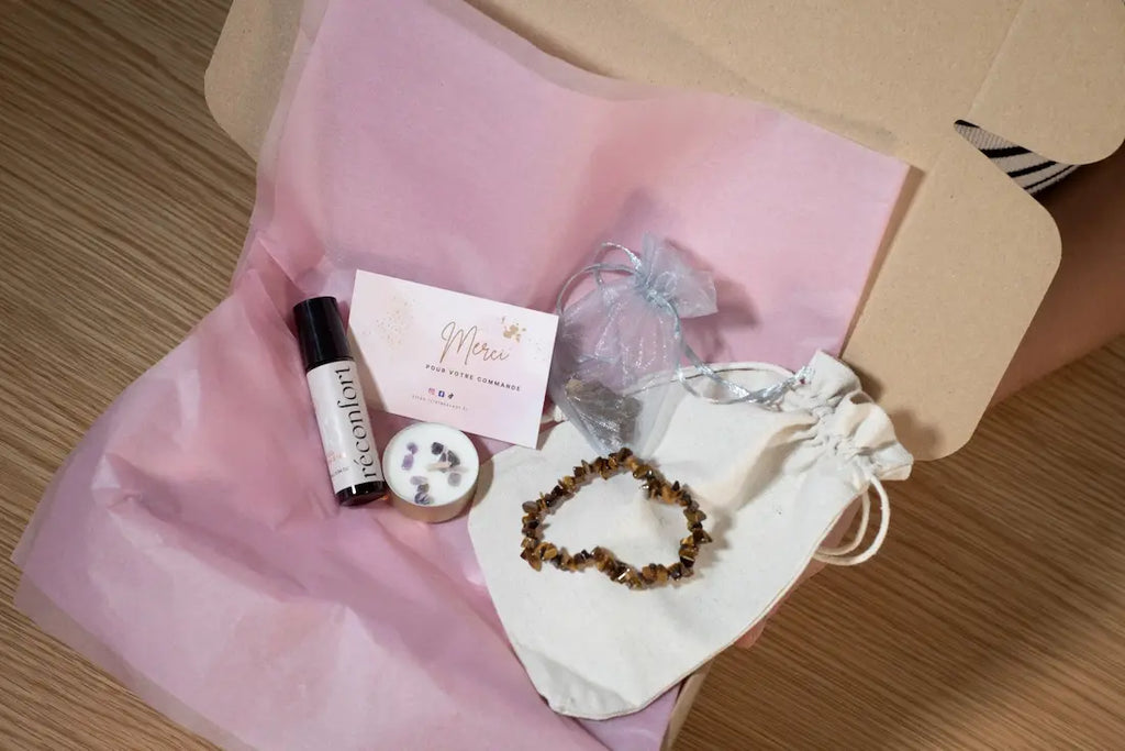 RelaxScent box bien-être femme , une coffret de relaxation avec produits bio et méditation guidée pour détente et réconfort.