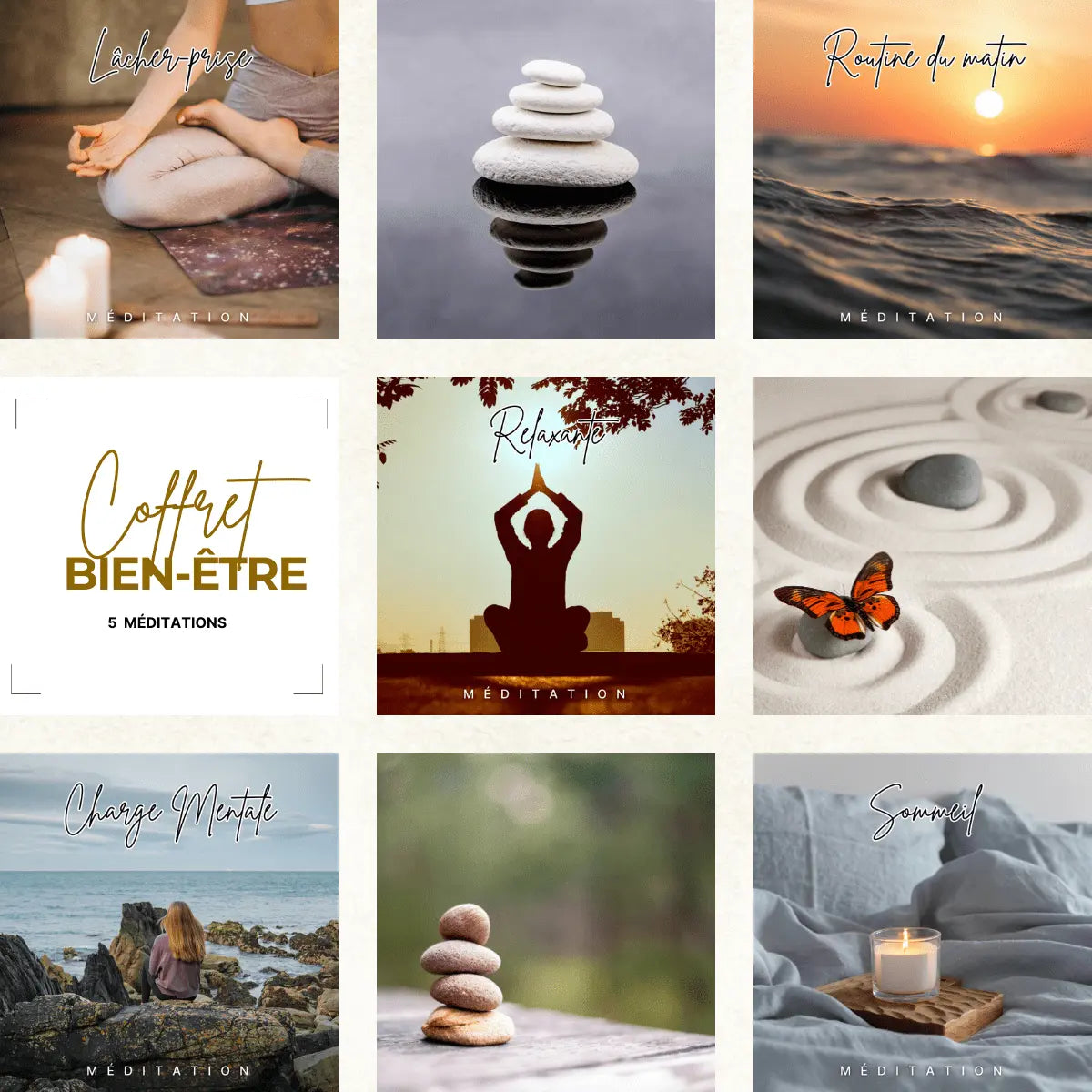 "Coffret de Bien-Être pour méditation avec images de relaxation, équilibre et sérénité, parfait pour courtes méditations de 10 minutes"