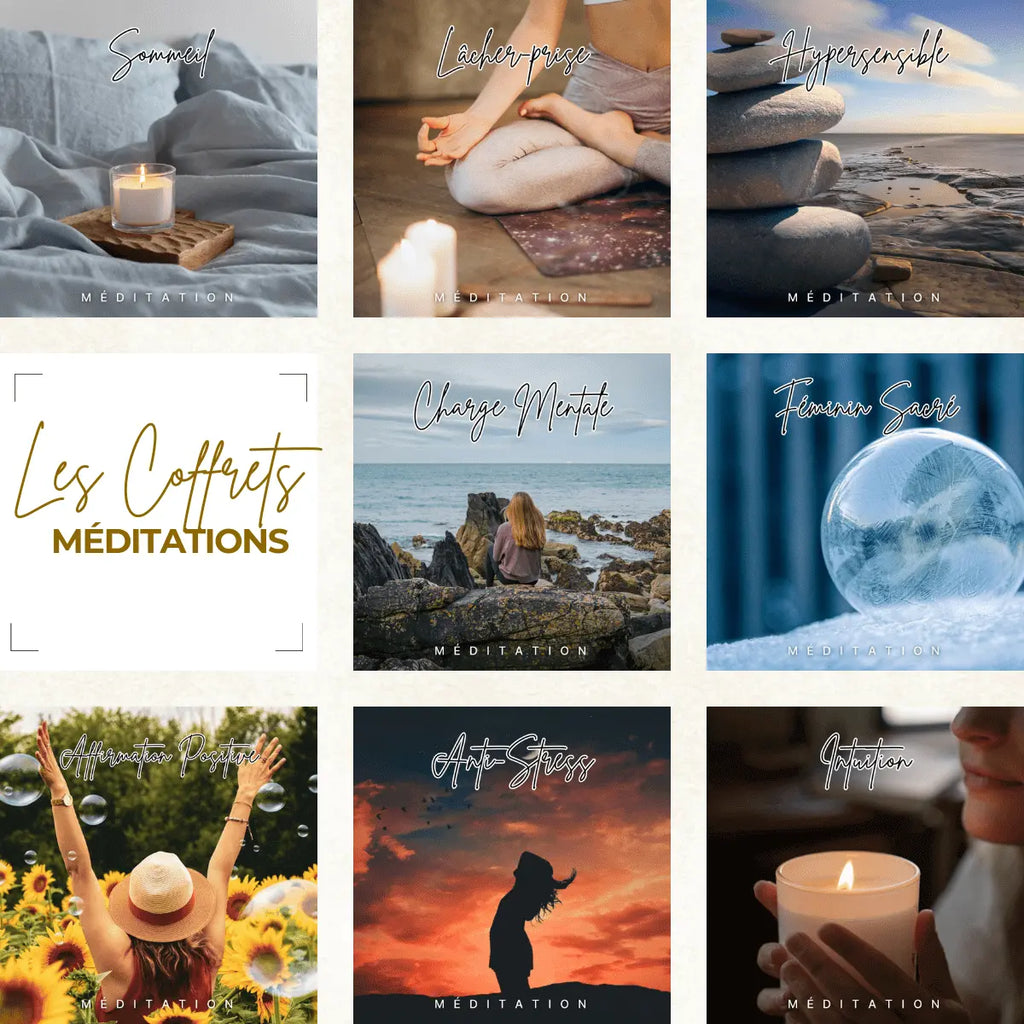 "Box de méditation avec courtes séances guidées pour bien-être et gestion du stress par méditation experte, coffret méditation solutions."