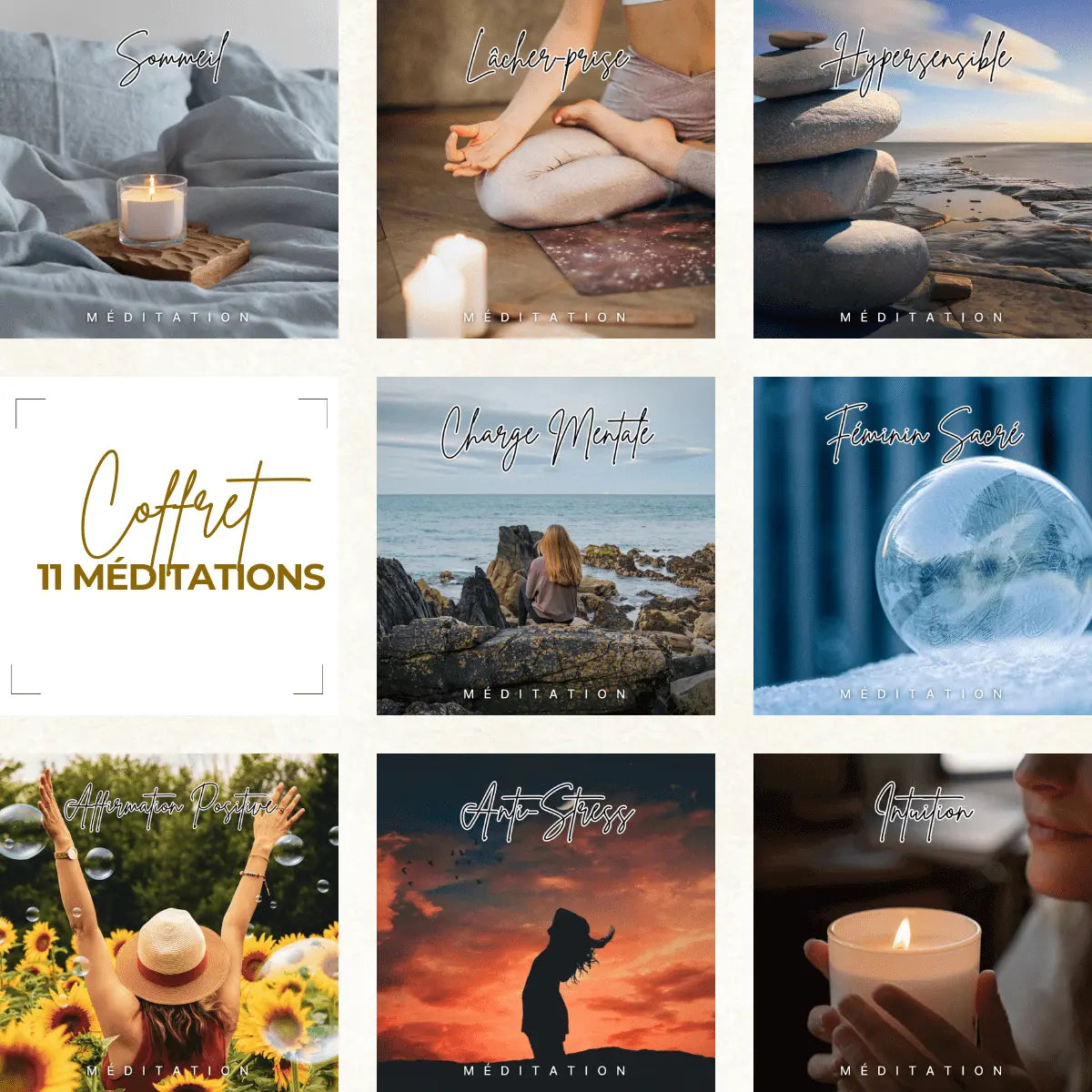 "Coffret de 11 méditations guidées pour le bien-être, image de relaxation avec bougie, nature, et détente inspirante."