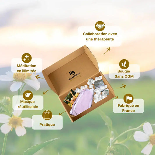 Coffret relaxation avec méditation, masque réutilisable et bougie fabriquée en France, pour l'amour de soi et la détente.