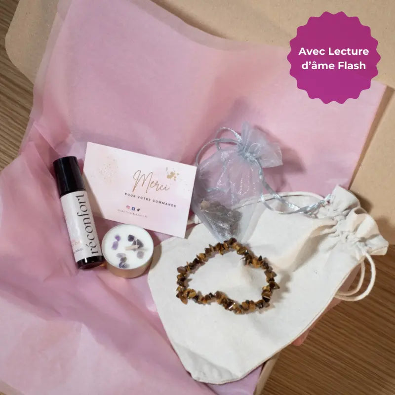 Lecture d'âme - coffret Roll on huiles essentielle bio, bracelet oeil de tigre, méditation guidée relaxante par okiciya, ebook bien-être, bougie améthyste