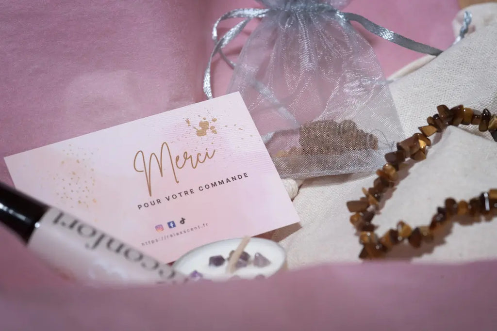 Box bien-être femme - RelaxScent box avec méditation guidée, produits artisanaux et huiles essentielles bio pour la relaxation et le bien-être des femmes.