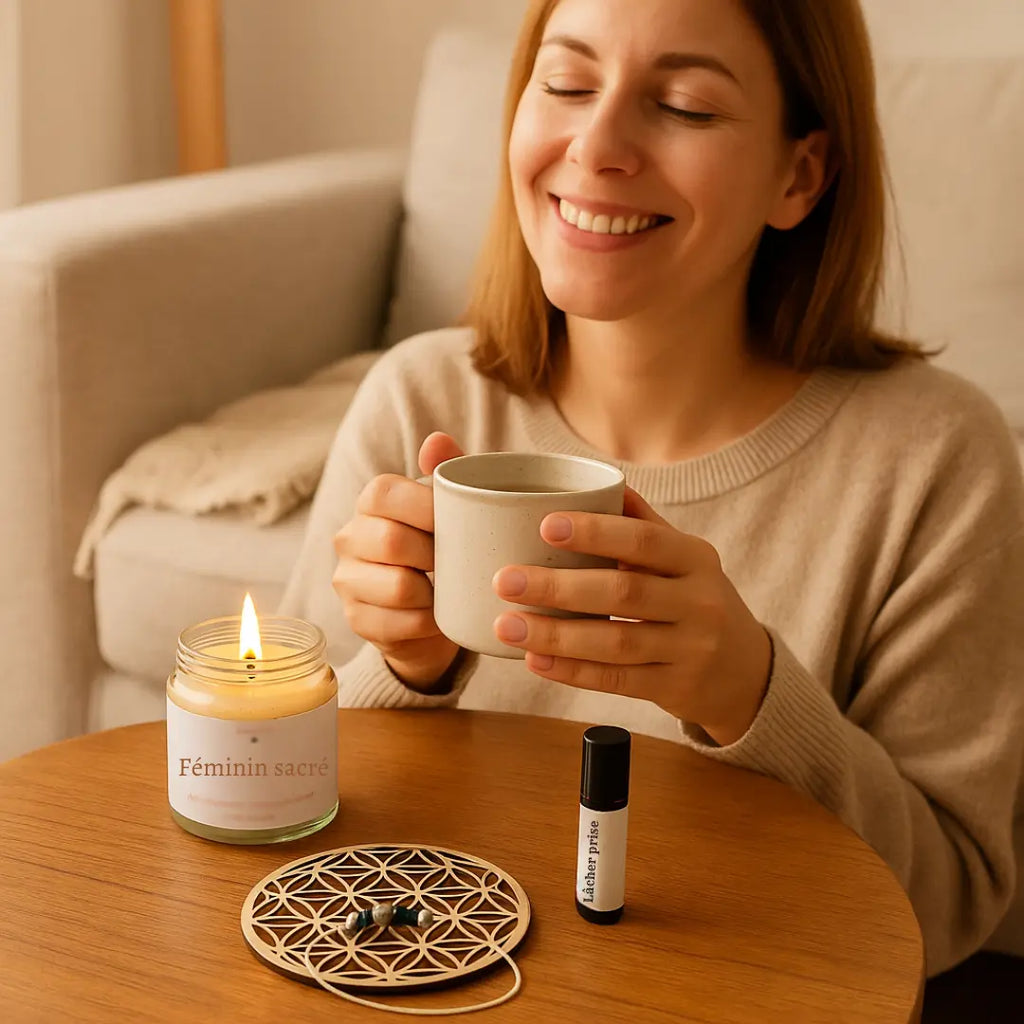 Ma Box Lâcher-Prise – coffret bien-être femme avec roll-on aux huiles essentielles bio, bracelet porte-bonheur et bougie Féminin Sacré pour un moment cocooning et prendre soin de soi.