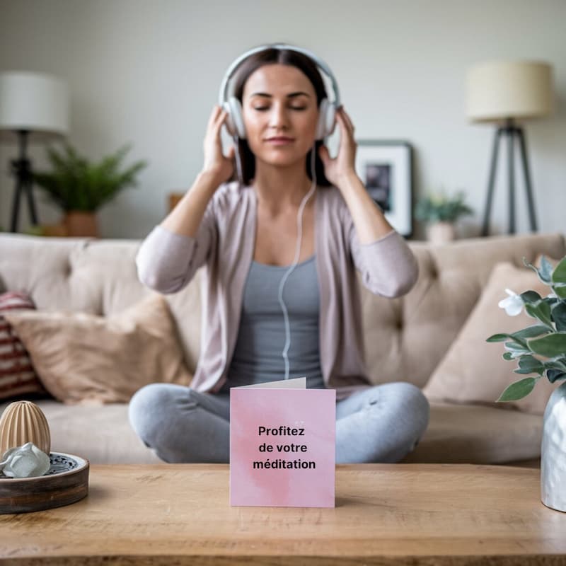 Femme méditant avec des écouteurs - Méditation routine du matin pour se relaxer