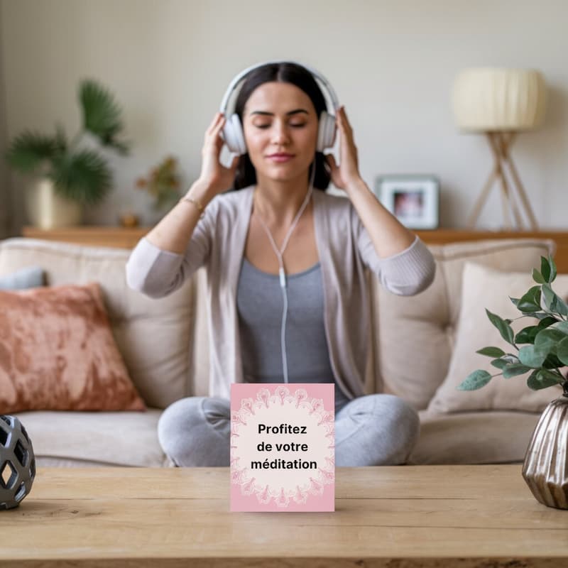 Femme méditant avec des écouteurs - Méditation routine du matin pour réduire le stress