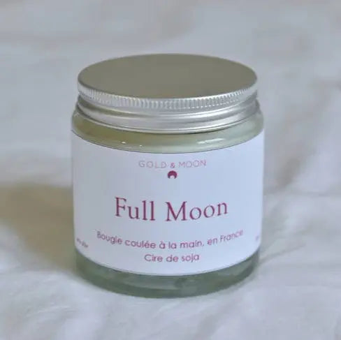 Bougie énergétique parfumée Full Moon en bocal de verre réutilisable, cire de soja, fabriquée à la main en France.