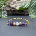 bracelet Positivité en améthyste, pierre de lune et pierre du soleil, conçu pour favoriser la lithothérapie et l'énergie positive.